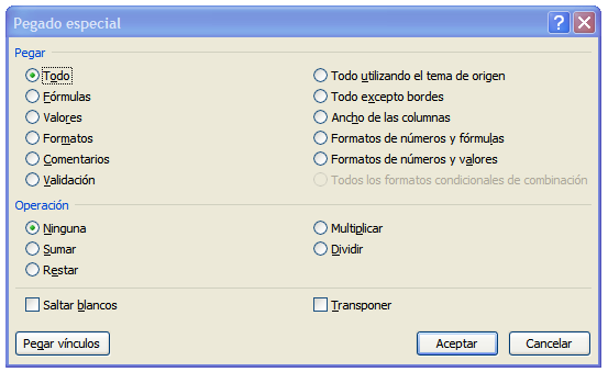 pegado especial excel